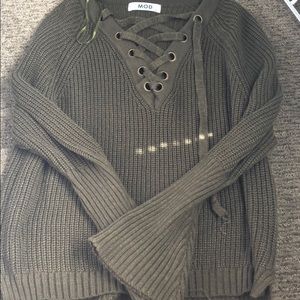 Lace Up Sweater with Bell Sleeves